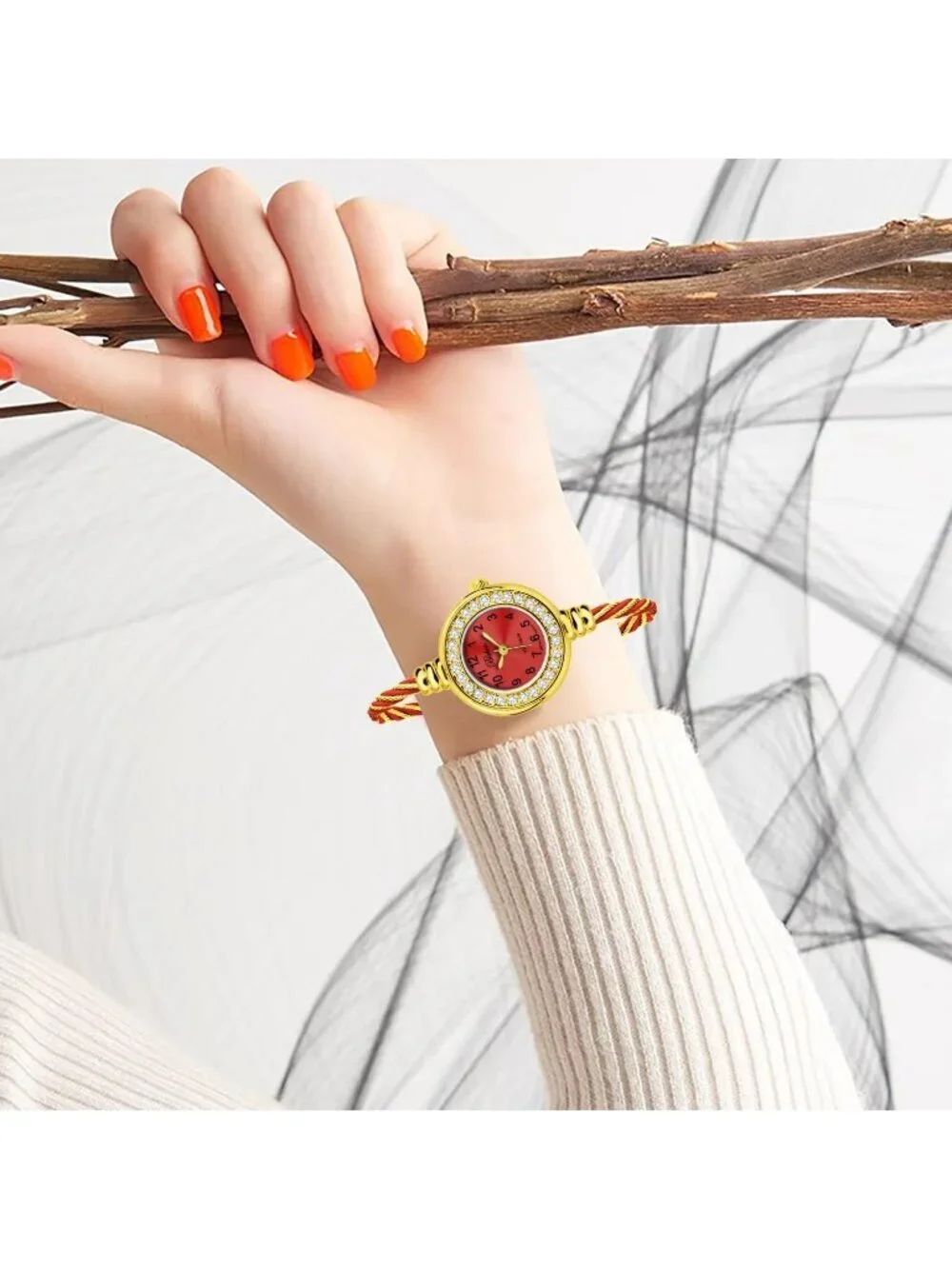 Women's Silver And Red Analog Cable Cuff Arabic Number Rhinestone Bracelet Watch
